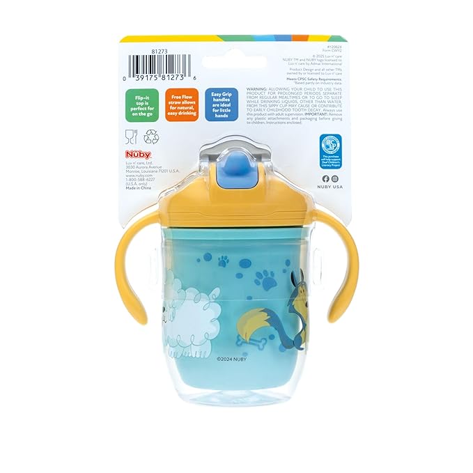 Nuby 2-in-1 Insulated Toddler Cup with 360° Weighted Straw & Hard Spout - 7 oz - Leak-Resistant with Easy Grip Handles - 4+ Months - Dogs