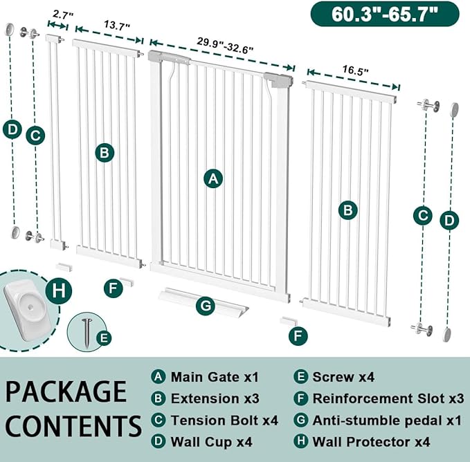 Fairy Baby 40.5" Extra Tall Pet Gate for Doorway, 60.3"-65.7" Extra Wide Dog Gate for Stairs, Metal Auto Close Safety Child Toddler Gate, Pressure Mounted Easy Walk Through Baby Gate with Door, White