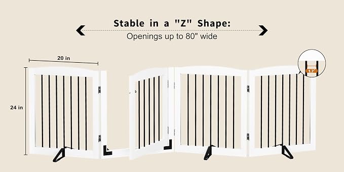 PUPETPO Freestanding Dog Gates with Door Walk Through, 80 inch Wide Gates Indoor, Dog Fences Indoor, Support Feet Included, 4 Panels, 32" Tall, White & Black