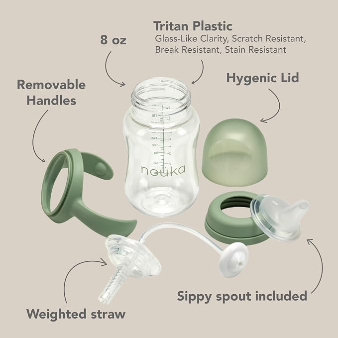 nouka Tritan Plastic Transitional Sippy Cup with Weighted Straw | Leak Proof and Easy Grip | Removable Handles | Bloom