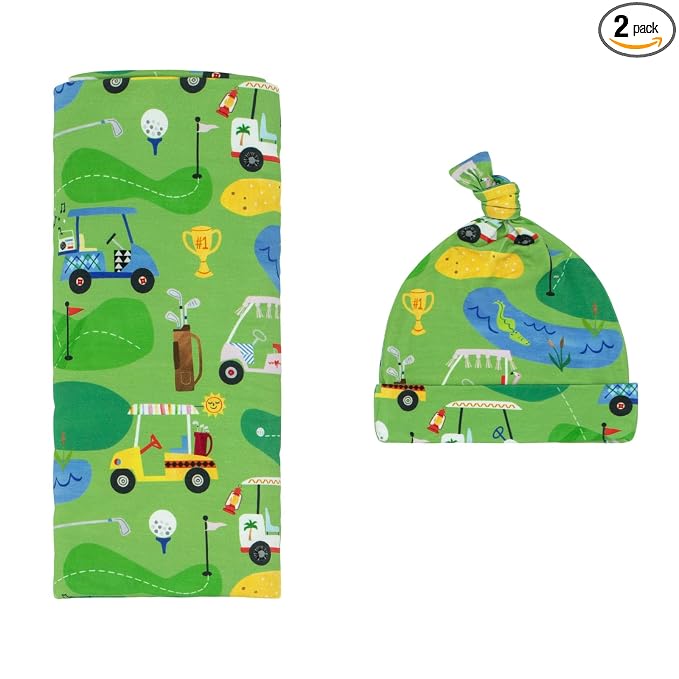 Little Sleepies Swaddle & Hat Set, Baby Swaddles Newborns, Soft Viscose from Bamboo Swaddle Blanket Wrap (Fairway Fun)