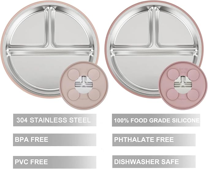PandaEar Baby Feeding Set 4 Pcs, 2 Pack Stainless Steel Suction Plates & 2 Pack Spoons Set, Divided Plates for Baby Led Weaning Supplies, BPA-Free (Dark pink/Light pink)