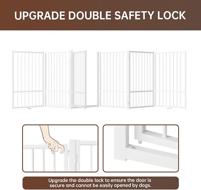 6 Panels Full Metal Freestanding Dog Gates with Door, 120” W x 36” H Folding Pet Gate Fence with Support Feet for Indoor,Stairs, Hallways and Doorways(White)