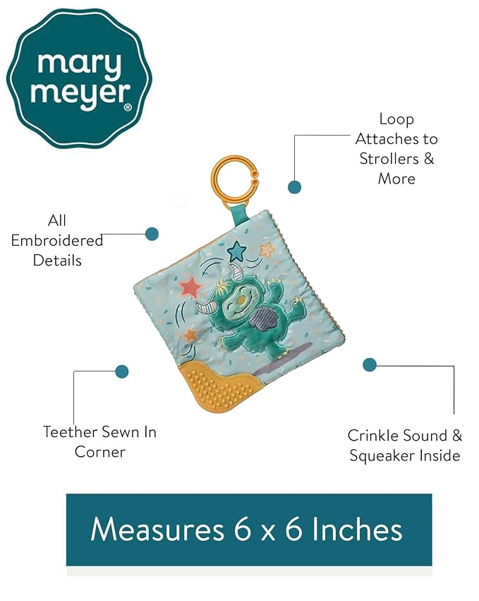 Mary Meyer Crinkle Teether Toy with Baby Paper and Squeaker, 6 x 6-Inches, Mookie Monster