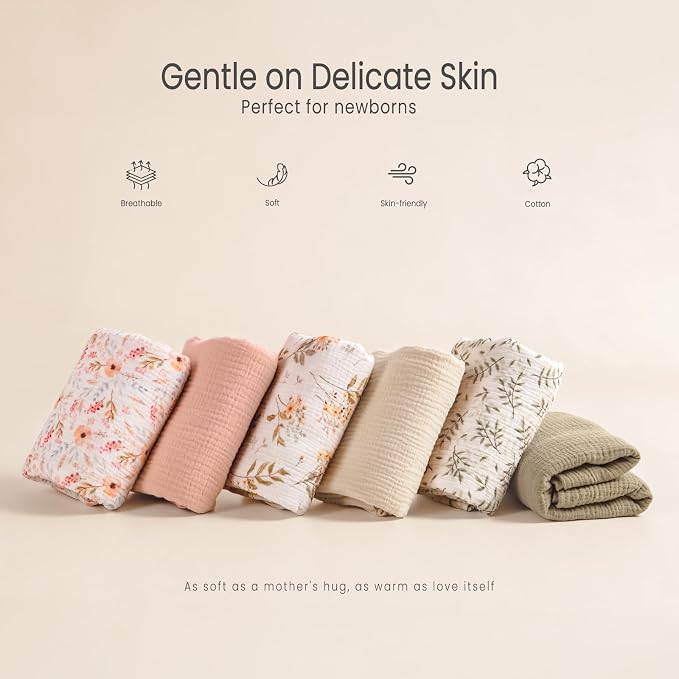 lulumoon Muslin Swaddle Blankets for Baby: Soft Cotton Newborn Receiving Blankets - Floral Print Nursery Gift Set for Baby Girls(White Flower)