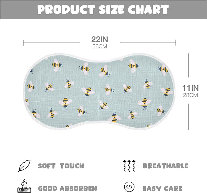 Muslin Burp Cloths for Baby Boys and Girls - 2-Pack Ultra Absorbent Cute Bee Muslin Washcloths, Newborn Towel, Milk Spit Up Rags, Burp Cloth Bibs for Unisex, 22 x 11 Inch