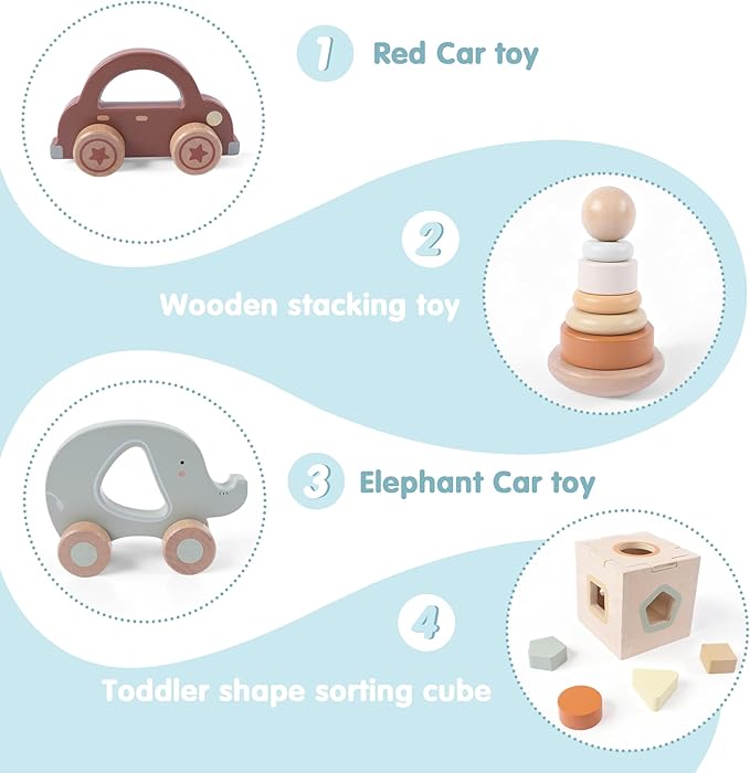 FReniland Wooden Baby Toy Set for 12M+, Montessori Grasping & Stacking Toys, Elephant & Car Sensory Toys, Natural Wood Fine Motor Skill Development Gift for Boys & Girls