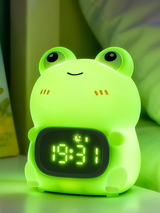 Lampeez Frog Alarm Clock with Night Light for Kids, Silicone Cute Toddler Wake Clock, Rechargeable 7 Colors RGB & Warm Light, Sleep Companion for Boys Girls
