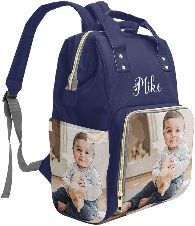 M YESCUSTOM Custom Diaper Bag with Name & Photos for Mom Dad, Personalized Blue Diaper Backpack with Text Waterproof Nappy Mommy Bag for Mother's Day New Born Gift