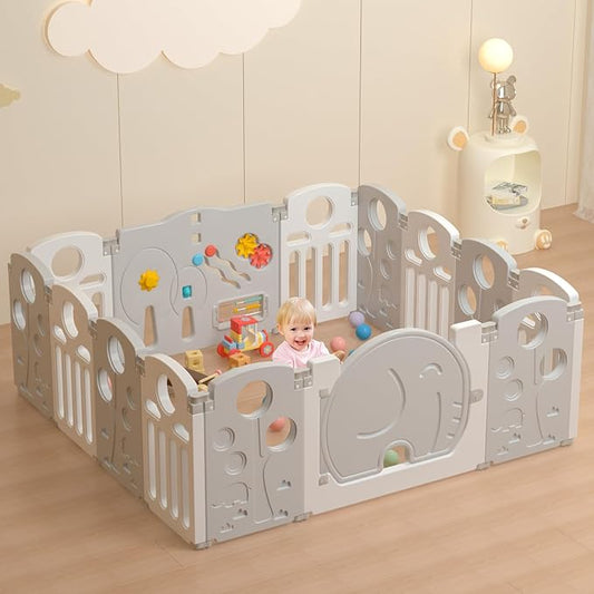 LulliSpace Baby Playpen,for Kids and Toddlers,Kids Activity Centre Safety Play Yard,Indoor&Outdoor Pattern Baby Fence with Game Panel, Safety Lock, Non-Slip Bases, Adjustable Shape,14 Panels