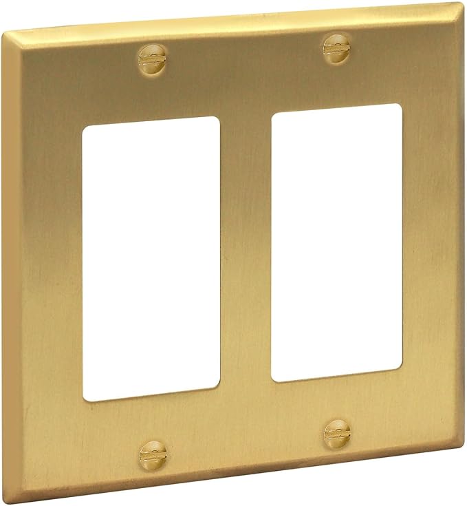 Rio Salto BRASS Signature Collection Brushed Brass Gold Metal Outlet Cover, Decorative Light Switch Cover Plate Wall Plate, Premium, Double Rocker Decorator 2-Gang, 4.56" x 4.50" Standard Size