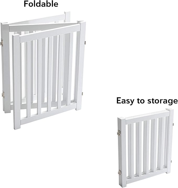 LZRS 3-Panel Wooden Free Standing Foldable Dog Gate Indoor – 24" High,Step-Over Safety Pet Gate for Doorways, Stairs, Hallways, Indoor Dog Barrier for Small to Medium Dogs & Puppies, White