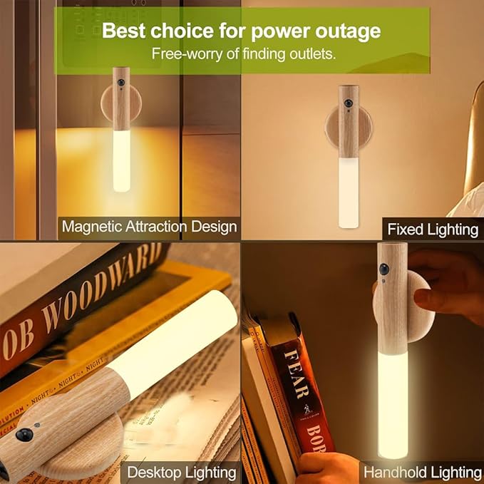 LANDGOO 1-Pack Magnetic Night Light with Motion Sensor, Ash Wood Cylindrical Rechargeable LED Lamp, White Light Only, Portable Bedside Light for Bedroom Nursery