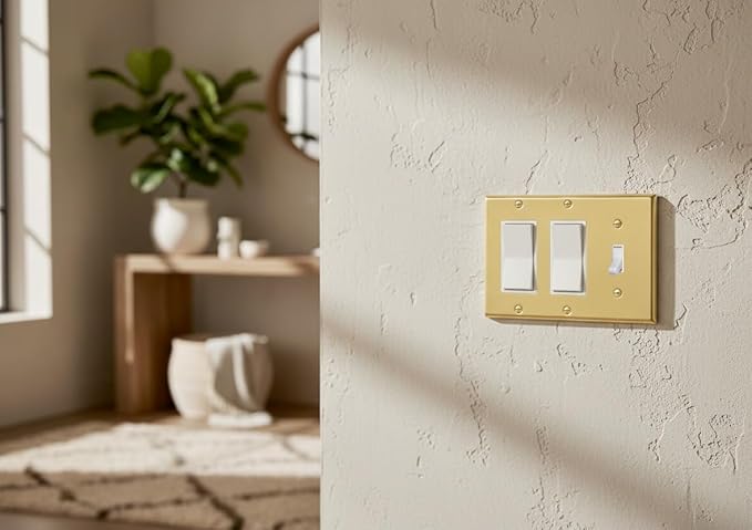 Rio Salto BRASS Metal 3-Gang Gold Outlet Cover or Light Switch Cover Wall Plate, Rocker Toggle Triple Combination Plate Wallplate Covers STANDARD SIZE (2 Rocker 1 Toggle Combo)