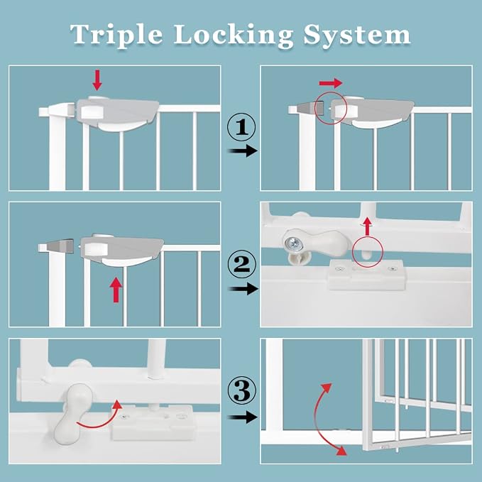 WAOWAO Triple Lock Baby Gate Extra Wide 81.49-85.82" Pressure Mounted Walk Through Swing Auto Close Safety White Metal Dog Pet Puppy Cat for Stairs,Doorways,Kitchen