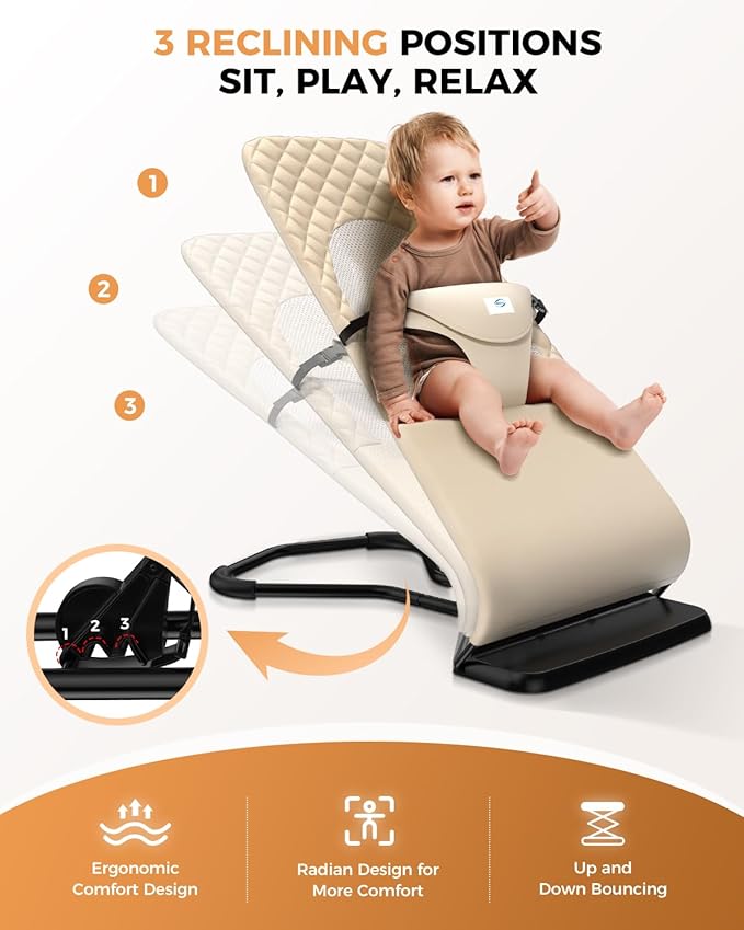 Baby Bouncer, Bouncer Seat for Babies 0-12 Months,Ergonomic Baby Seat Breathable and Comfortable Cushion with 3-Height Adjustments, Infant Rockers Portable Folding and Detachable