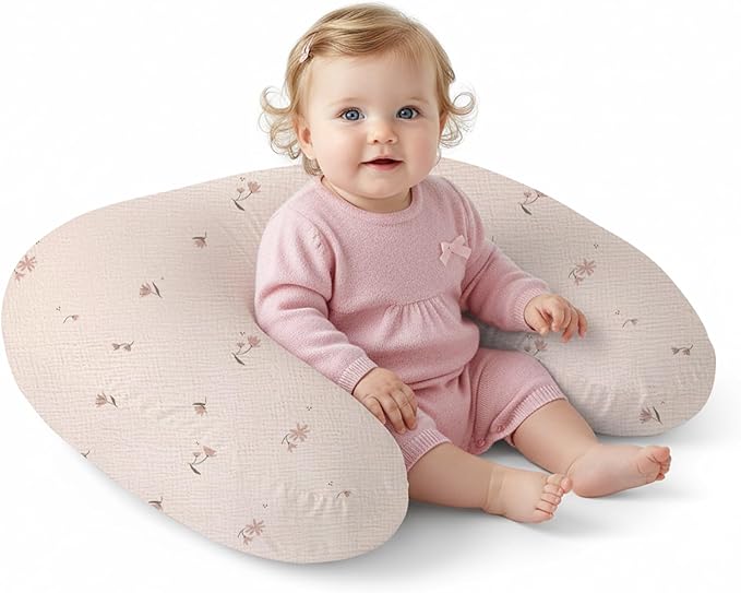 Little Grape Land Muslin Nursing Pillow, Soft 100% Cotton Breastfeeding Pillow with Breathable Cotton Removable Cover, Fog Flower Breast Feeding Pillows for Babies 0-12 Months with Protective Zipper