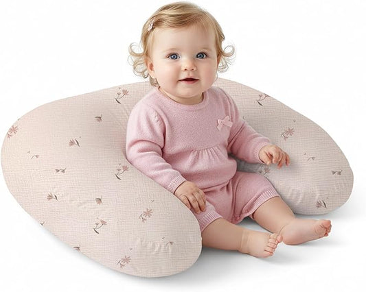 Little Grape Land Muslin Nursing Pillow, Soft 100% Cotton Breastfeeding Pillow with Breathable Cotton Removable Cover, Fog Flower Breast Feeding Pillows for Babies 0-12 Months with Protective Zipper