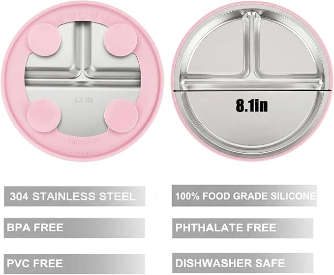PandaEar 2 Pack Stainless Steel Baby Suction Plates & 2 Pack Spoons, Toddler Utensils Baby Feeding Set, Divided Plates for Baby Led Weaning Supplies, BPA-Free (Pink/Blue)