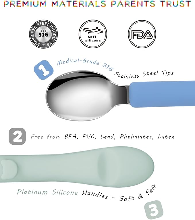 Bakpoco 6PCS Toddler Utensils, 316 Stainless Steel Baby Safe Forks + Spoons with Silicone Handle, BPA Free Dishwasher Safe Kids Silverware Cutlery with Box, Sage/Blue/Blush