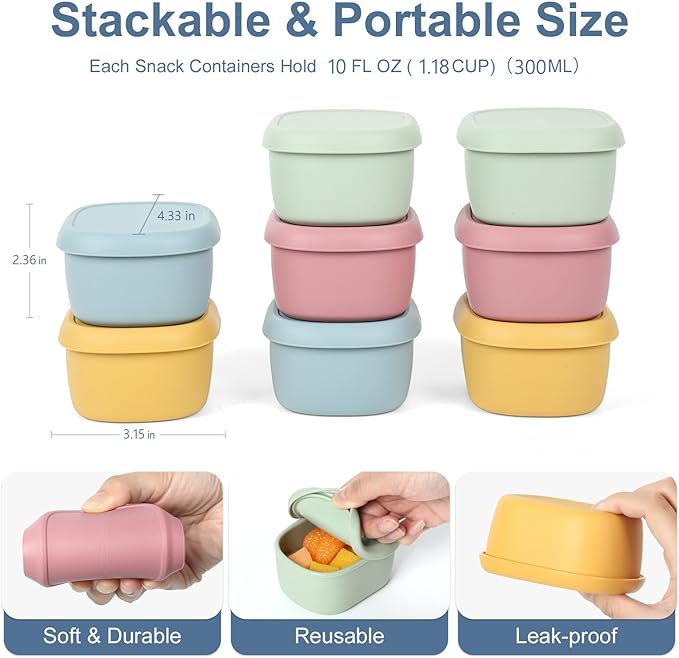 8 pcs 10 oz Silicone Snack Containers for Kids Small Food Containers with Lids, Fruit Container for Lunch, Stackable Lunch Container for Kids, Daycare, School and Travel