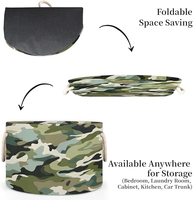 Large Round Laundry Basket Army Green Camo Toy Bins Organizers and Storage for Girls Canvas Collapsible Blanket Storage Basket Laundry Hamper Gift Baskets Bedroom Clothes Children Nursery