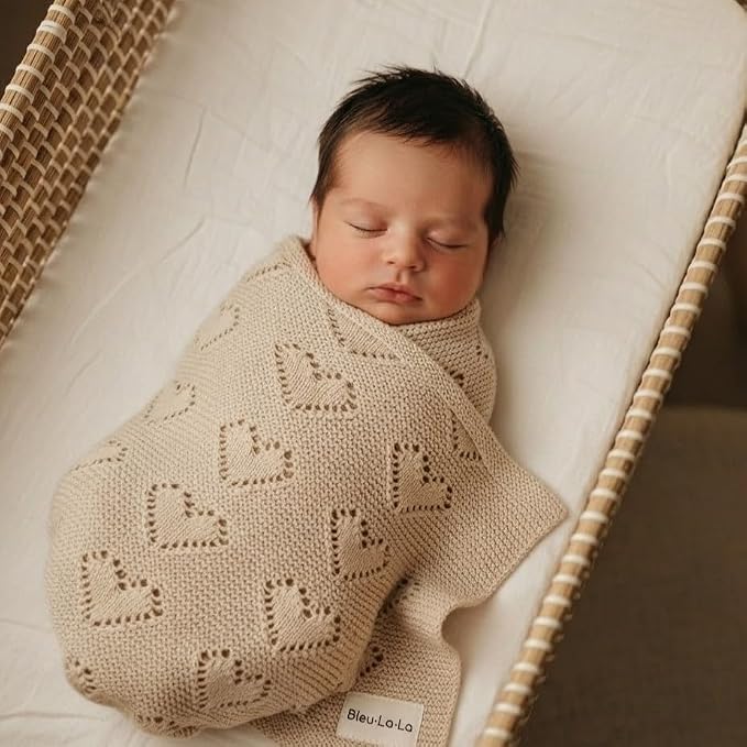 Heirloom Knit Heart Receiving Unisex Blanket for Boys and Girls - 100% Luxury Cotton Baby Blanket - Soft Warm Swaddle Receiving Blanket for Newborns Infants & Toddlers (Oatmeal)