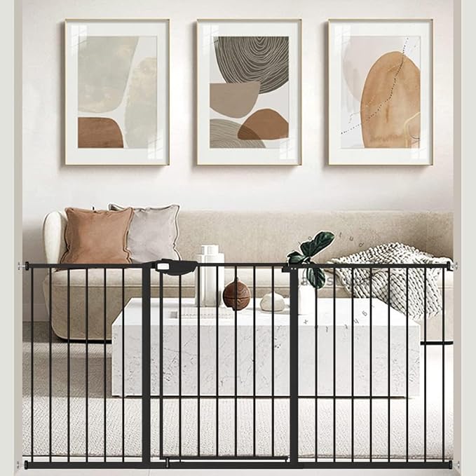 WAOWAO Triple Lock Baby Gate Extra Wide 62.59-67.32" Pressure Mounted Walk Through Swing Auto Close Safety Black Metal Dog Pet Puppy Cat for Stairs,Doorways,Kitchen
