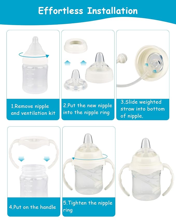 Sippy Cup Soft Spout Conversion Kit for Evenflo Balance Plus Wide Neck Baby Bottles, Toddler Transition Kit with Silicone Sippy Spout Nipple, Weighted Straw, Bottle Handle, Cleaning Brush, 3 Pack, 6m+
