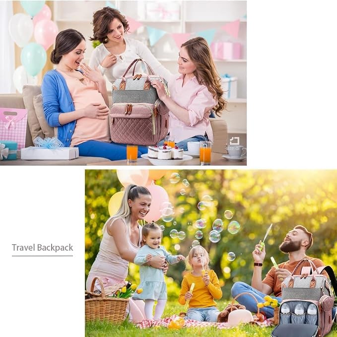 Black Diaper Bag Backpack, Multifunctional Waterproof Mommy Bag with Changing Pad, USB Port, Stroller Straps, Large Capacity Baby Travel Bag (dusty pink)