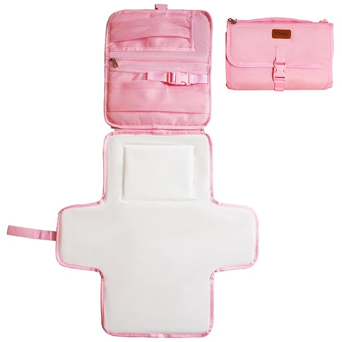 Portable Changing Pad for Baby, Travel Diaper Changing Pad for Newborn, Waterproof Baby Changing Mat, Foldable & Detachable Diaper Changing Station with Baby Wipes Pockets(Pink)