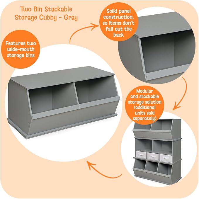 Badger Basket Two Bin Stackable Toy Storage Cubby Organizer ??Modular Storage for Toys, Books, and Crafts ??Solid Wood Panel ??Gray
