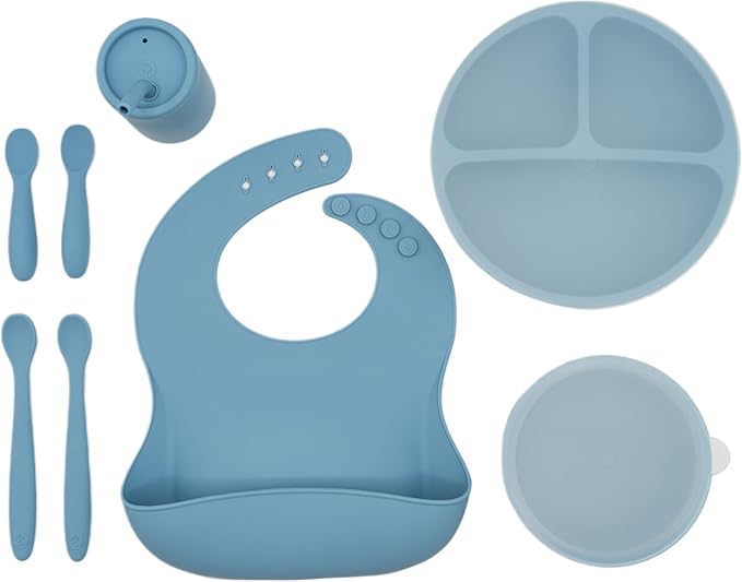WeeSprout Baby Led Weaning Bundle, Silicone Suction Bowl, Spoons, Bib & Cup, Develops Self Feeding Skills, Dishwasher Safe (Blue)