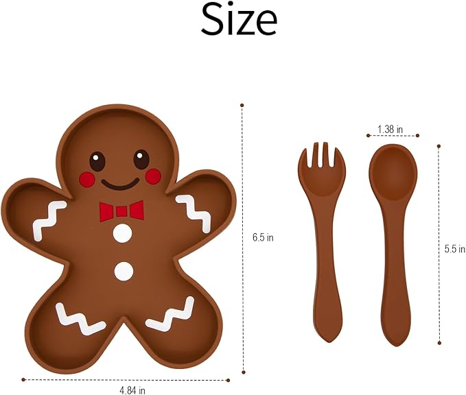 BabyX Baby Silicone Feeder Set, 3-pcs Gingerbread-themed Baby Plate with Suction, Spoon and Fork for Babies Toddler Kids, BPA-Free, Baby Utensils Feeding Supplies, Microwave and Dishwasher Safe