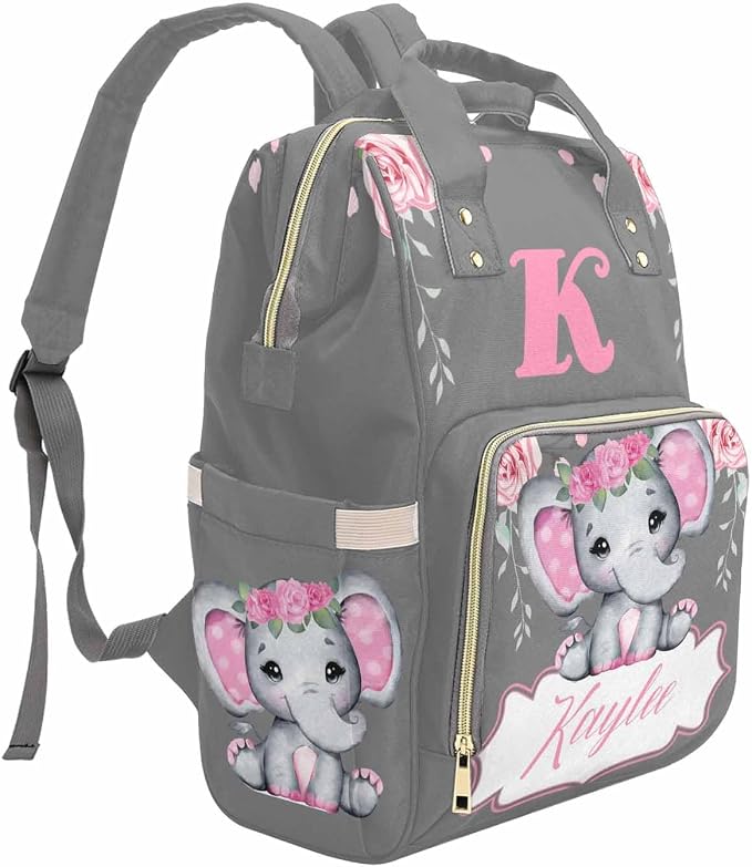 M YESCUSTOM Diaper Bags for Women Personalized Pink Flower Bag with Name Letter Custom Waterproof Large Capacity Travel Daypack Grey