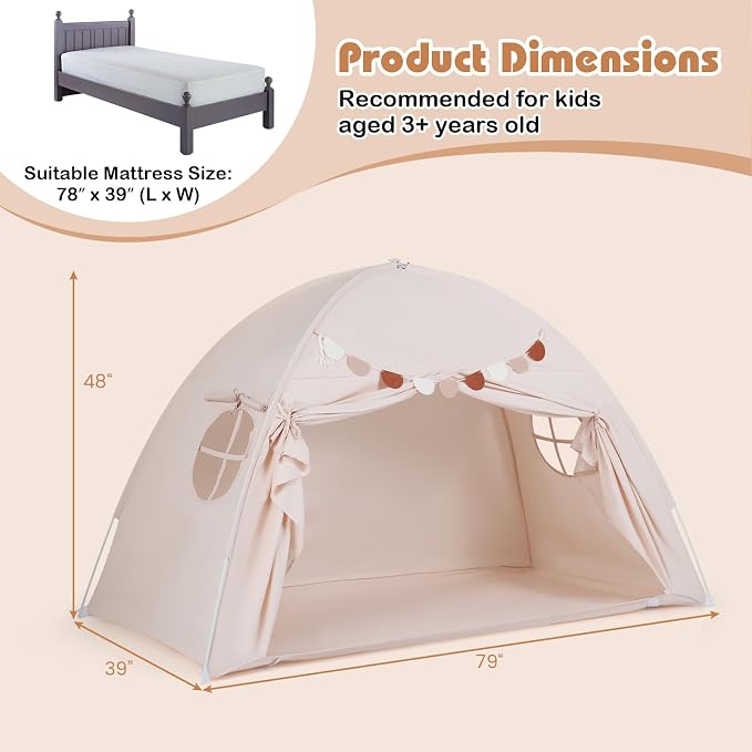 HONEY JOY Bed Tent Twin for Kids, Foldable Play Tent Canopy w/Flags, Windows, Indoor Outdoor Playhouse Toddler Tent, 79” x 39” x 48”, Washable, Kids Tent for Boys Girls Aged 3+, Birthday (Beige)