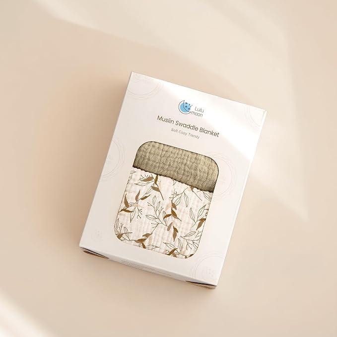 lulumoon Muslin Swaddle Blankets for Baby: Cotton & Soft Receiving Blanket for Newborn with Branche Printed- Neutral Gift for Baby Shower 2pack(Olive Branche)