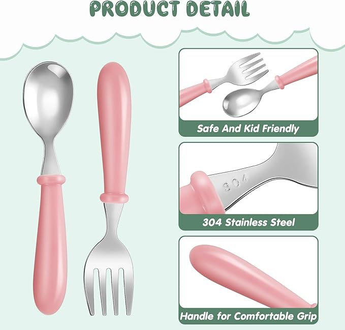 Dandat 48 Pcs Toddler Utensils Kids Silverware Set Stainless Steel Baby Forks and Spoons Toddler Safe Flatware Metal Kids Cutlery with Round Thick Grip Handles for Self Feeding, Dishwasher Safe
