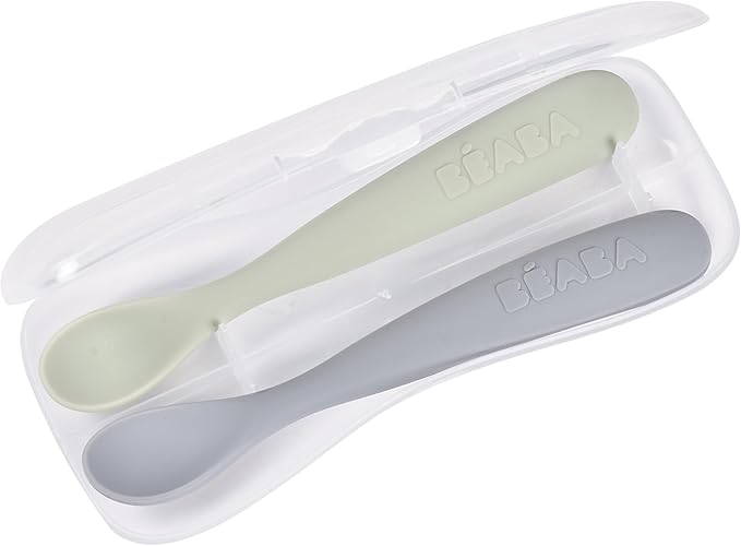 BEABA Baby's First Foods Spoon Set with Travel Case, Original Soft Silicone Baby Spoons, Baby Essentials, Travel Set, Natural