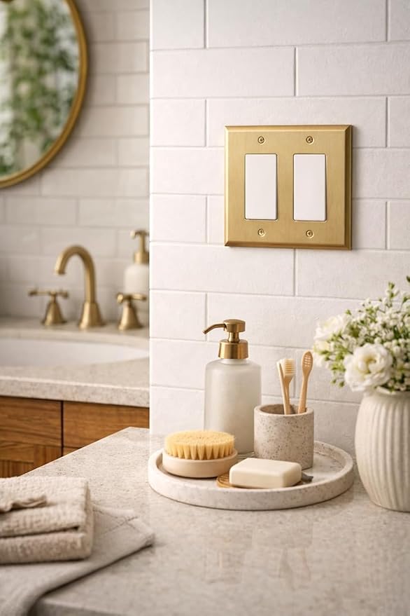 Rio Salto BRASS Signature Collection Brushed Brass Gold Metal Outlet Cover, Decorative Light Switch Cover Plate Wall Plate, Premium, Double Rocker Decorator 2-Gang, 4.56" x 4.50" Standard Size