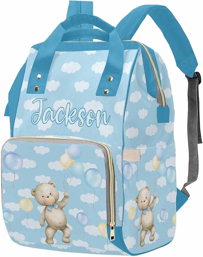 M YESCUSTOM Custom Blue Bear Diaper Bag with Name, Personalized Colorful Balloon Cute Nursing Baby Bag Multifunction Mommy Daypack with Large Capacity Christmas Girt for Women