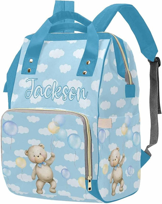 M YESCUSTOM Custom Blue Bear Diaper Bag with Name, Personalized Colorful Balloon Cute Nursing Baby Bag Multifunction Mommy Daypack with Large Capacity Christmas Girt for Women