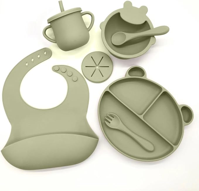 Silicone Baby Feeding Set, Toddler Feeding Set With Divided Suction Plate Bowl Spoons Forks Sippy Cup Adjustable Bib Non Slip Mat, Baby Eating Utensils, Bear Shape, 7-Piece, (Green)