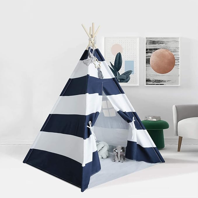 Kids Teepee Tent for Boys Navy White Stripe Teepee Tent Indian Canvas Tents for Toddlers Indoor Playhouse Play Tent for Kids