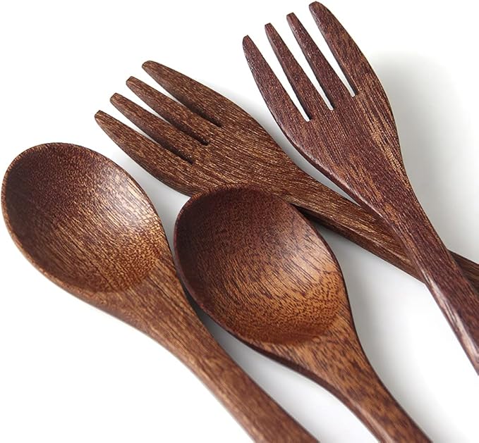 YFWOOD 4-Pieces Natural Wooden Kids Utensils Set, Child Forks and Spoons, Toddler Safe Flatware Hand polishing Anti-slip Portable and ultra light