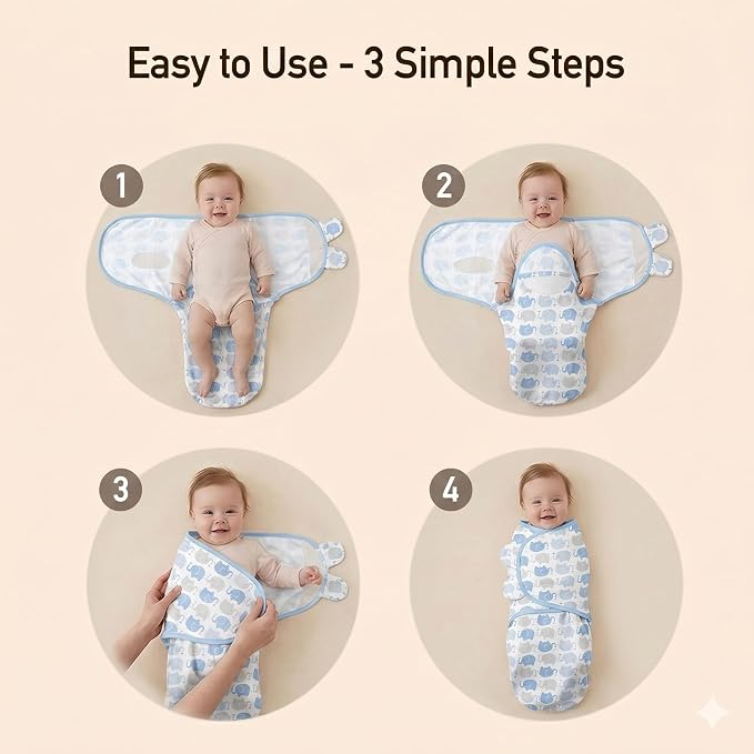 GLLQUEN BABY Swaddles for Newborns with Zipper Smooth & Gentle Wear, Baby Boy Swaddles 0-3 Months, Reduce Startle Reflex Womb-Like Sleep Sack Wrap Blankets Chevron & Baby Blue Elephant