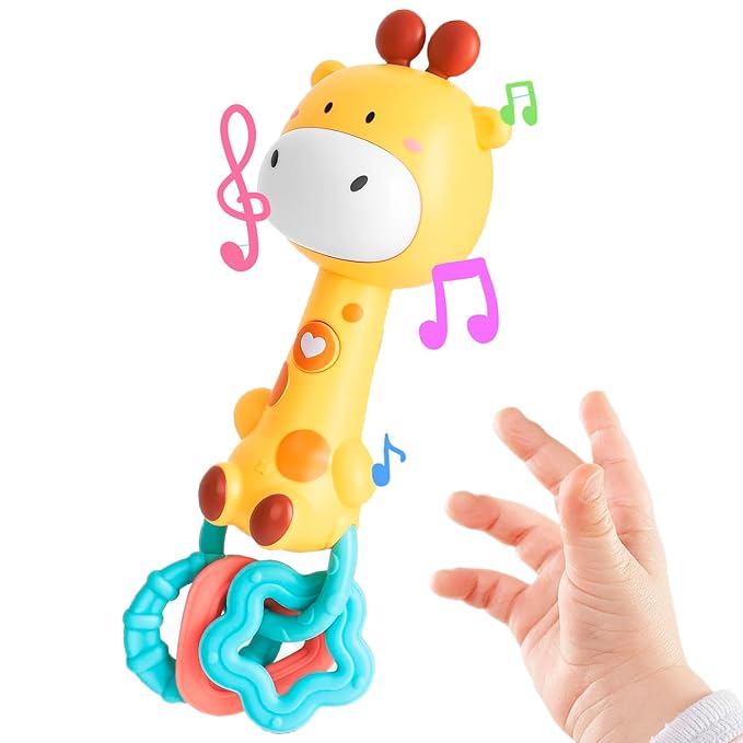 Cute Giraffe Baby Musical Rattle Toy 6-12-18 Months, Light-Up Teether & Sensory Chew Rubber 1st Birthday Gift for 1+ Year Old Boys Girls (Giraffe)