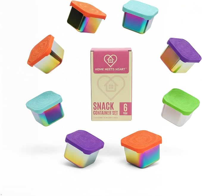 Rainbow Stainless Steel Snack Containers with Lids – Reusable Leakproof BPA Free Metal Snack Cups for Kids Lunch Boxes, School, Travel & Snacks – 6 Pack