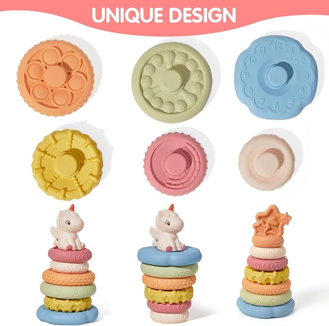 8 Piece Stacking & Nesting Baby Toys, No Hole Stacks of Circles Soft Teething Toy and Building Circle with Pink Horse Figure, Newborn Essentials for 6 12 18 Months Boys Girls
