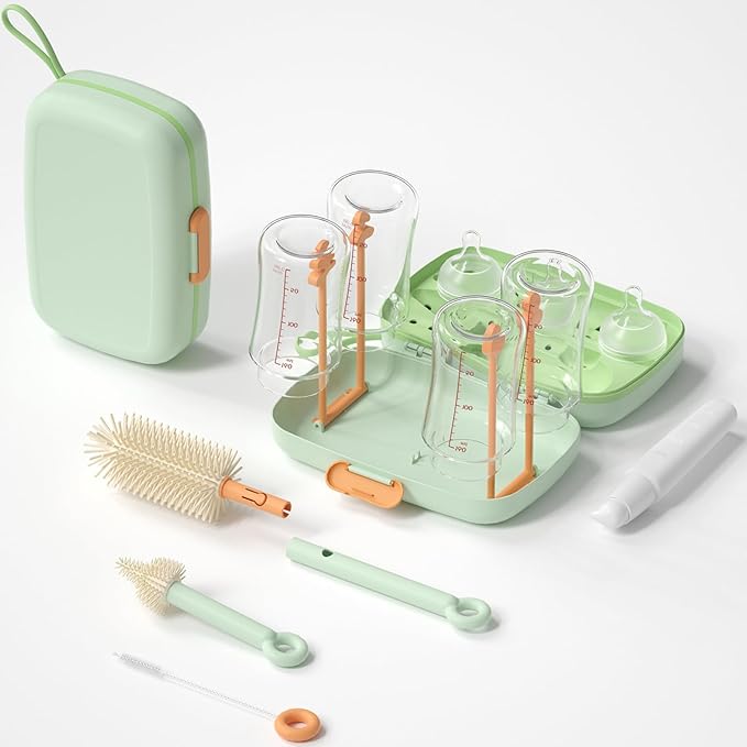 7in1 Travel Bottle Cleaner kit,Baby Essentials, with Bottle Brush?�Nipple Brush?�Straw Cleaner Brush?�Soap Dispenser?�Bottle Drying Rack?�Drainage Tray?�Storage Box,Baby Travel Essential (Green)